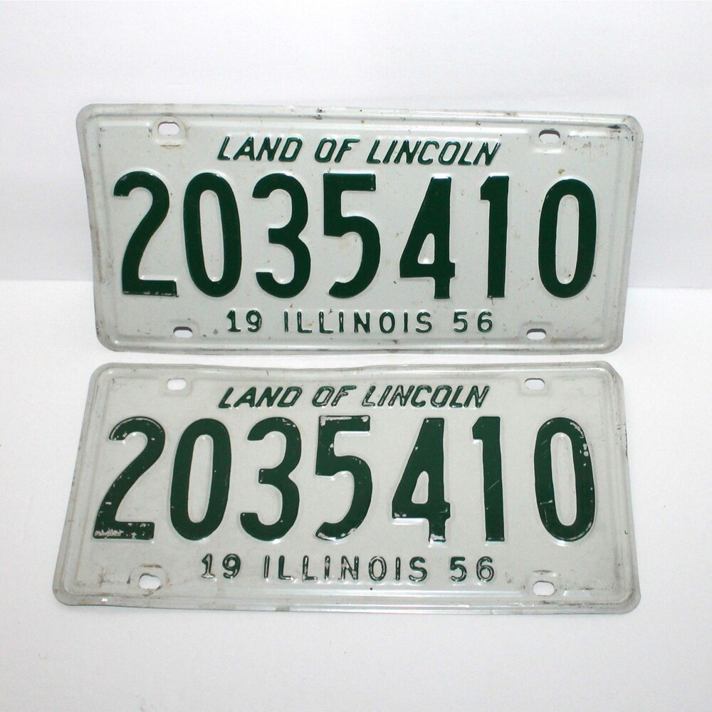 1 Pair License Plate Illinois 1956 Vintage metal enamel white green original
